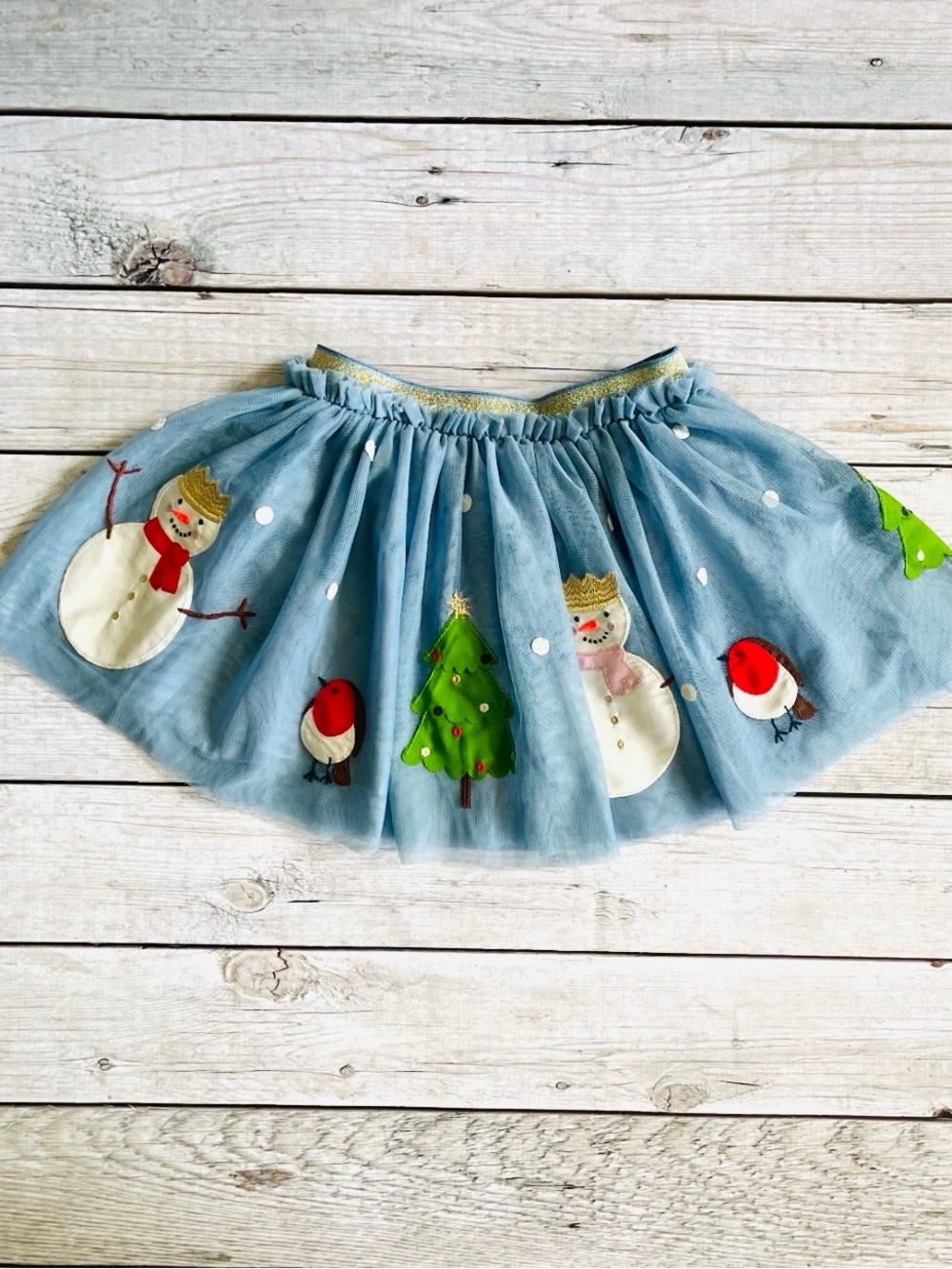 Mini Boden Light Blue Holiday Tulle Skirt with Snowman, Tree & Robin Appliqués